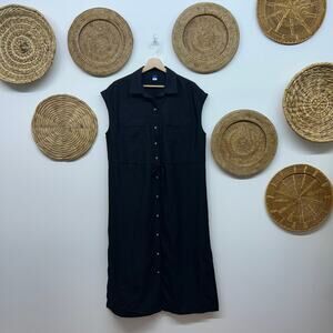 Old Navy Black Midi Dress Medium Button Up Short Sleeve Collared Slit Tie Waist